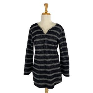 Andria Lieu M  Black Gray Striped Top Blouse Floral Art To Wear Sheer Career